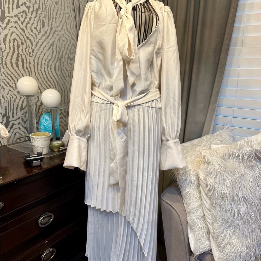 Eloquii White Pleated Halter Dress with Bishop Sleeves